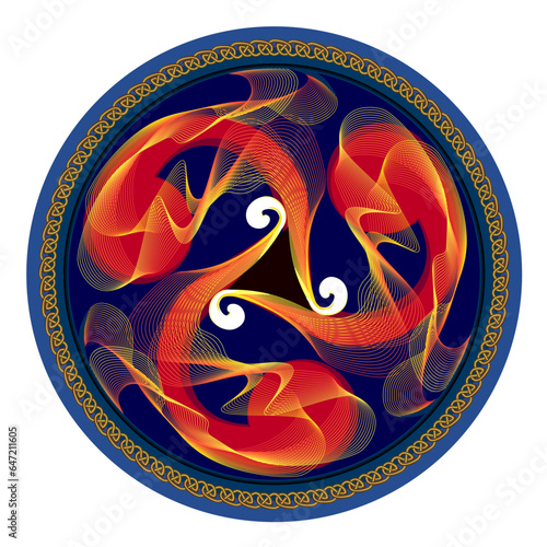 Ancient Irish symbol. Ethnic magic sign. Celtic knot pattern. Triple trickle Celtic spiral ornament. Old triskele vintage. Print for logo, icon, coin, tattoo. Circle decoration. Vector illustration.