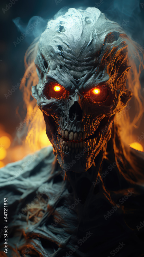 Fototapeta premium Zombie emerges from the shadows, its eyes radiating an eerie glow, hinting at its otherworldly nature and malevolent intentions. Generative AI