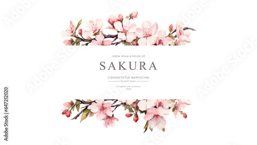 Collection of сherry blossom flowers and branches in vector watercolor style. Thank you card	