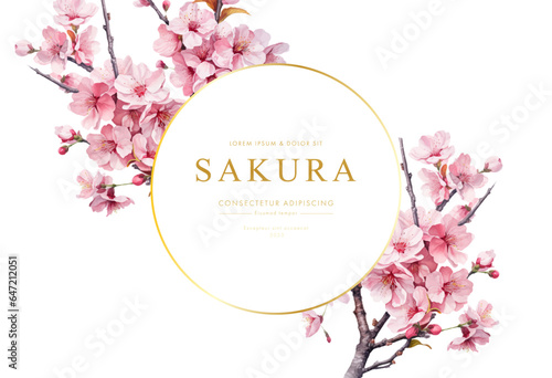 Collection of сherry blossom flowers and branches in vector watercolor style. Thank you card	