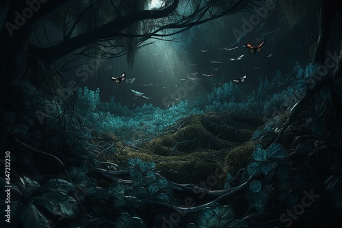 Intricate dark forest with luminescent insects  rendered digitally using 3D graphics. Generative AI