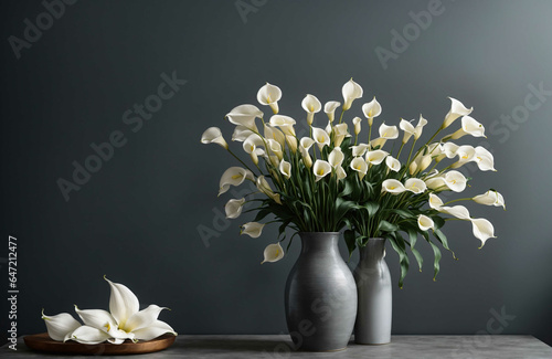 Table with vase with bouquet of white tulips. Slategray Background with copy space.
