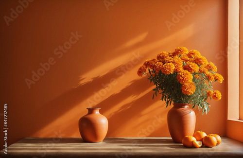 Table with vase with bouquet of orange flowers. Tangerineorange Background with copy space. photo