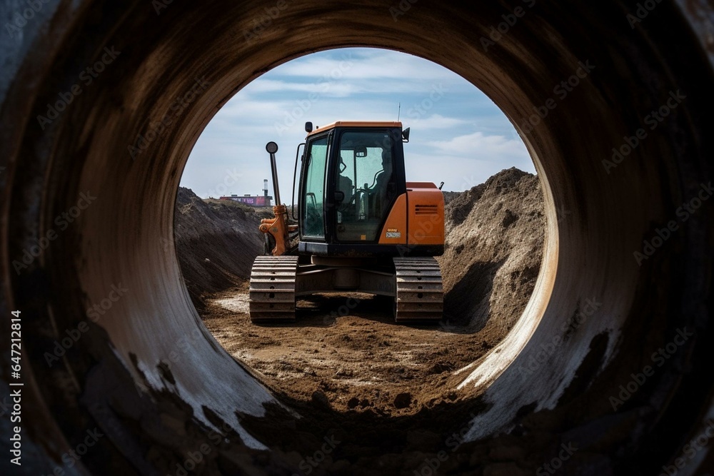 A digging excavator at a construction site with heavy equipment seen through a concrete pipe. Generative AI