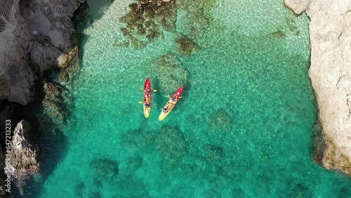Dubrovnik Old Town Walls and Betina Cave Beach Kayak Tour. Aerial. Croatia. Summer. 