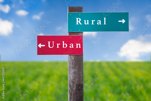 Street Sign the Direction Way to Rural versus Urban. © Oleksandr