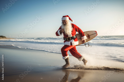 holiday santa sea vacation christmas surfing summer claus water beach. Generative AI.