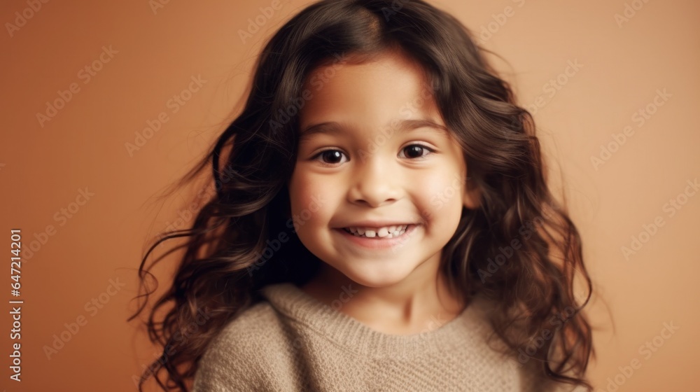 Portrait of a cheerful little girl in neutral clothing against a beige studio background. Generative AI Portrait of a cheerful little girl in neutral clothing against a beige studio background. Generative AI