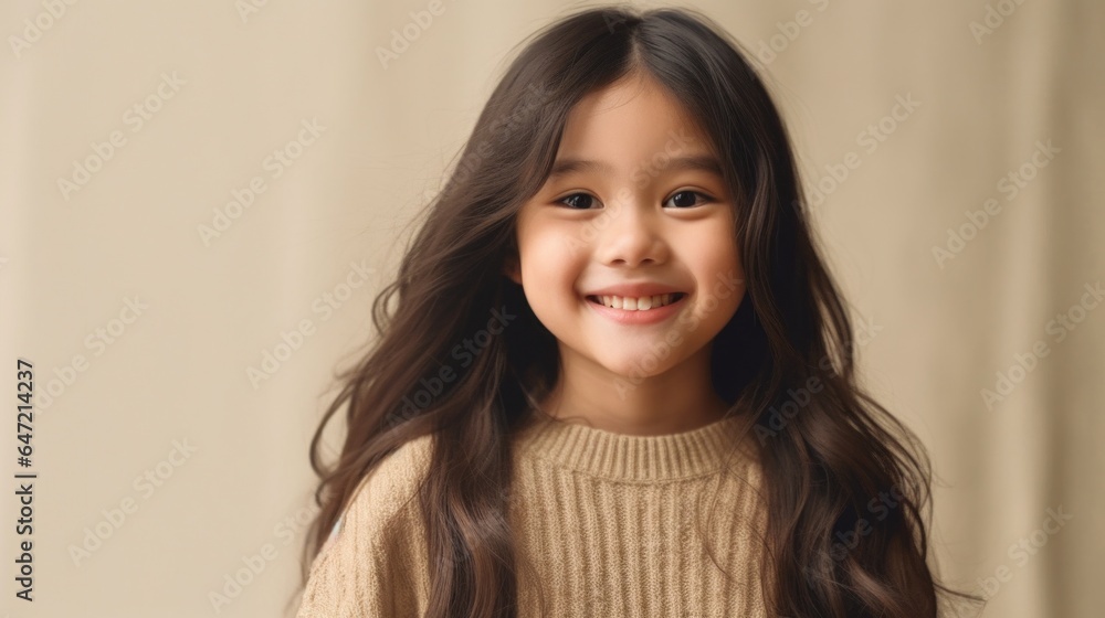 Portrait of a happy young girl in neutral attire against beige studio setting. Generative AI Portrait of a happy young girl in neutral attire against beige studio setting. Generative AI