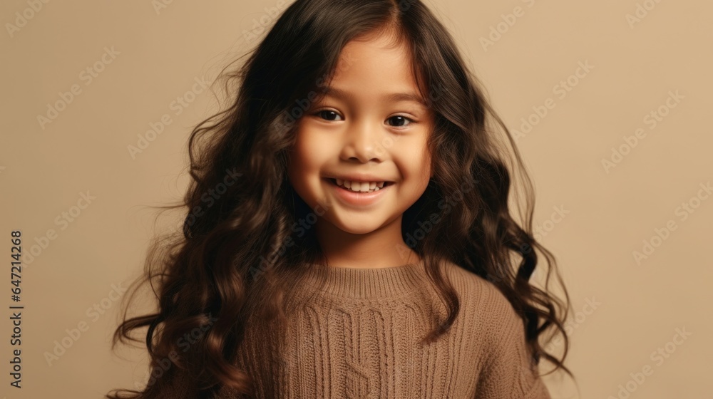 Smiling little brunette girl with a toothy grin poses against a beige background. Generative AI Smiling little brunette girl with a toothy grin poses against a beige background. Generative AI