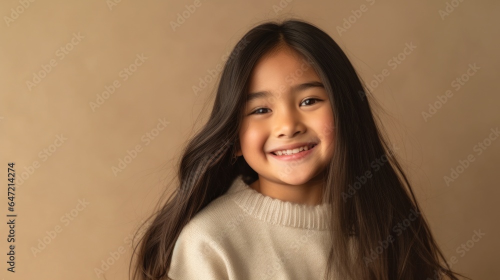 A portrait of a cheerful brunette child in neutral attire, beaming with happiness. Generative AI A portrait of a cheerful brunette child in neutral attire, beaming with happiness. Generative AI