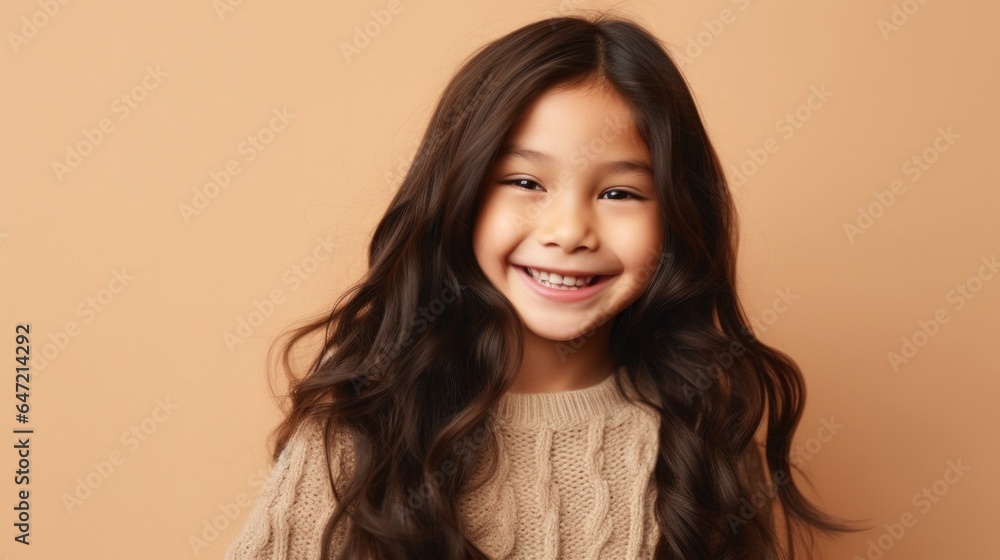 An adorable girl, wearing neutral clothes, flashes a big smile against a beige backdrop. Generative AI An adorable girl, wearing neutral clothes, flashes a big smile against a beige backdrop. Generative AI