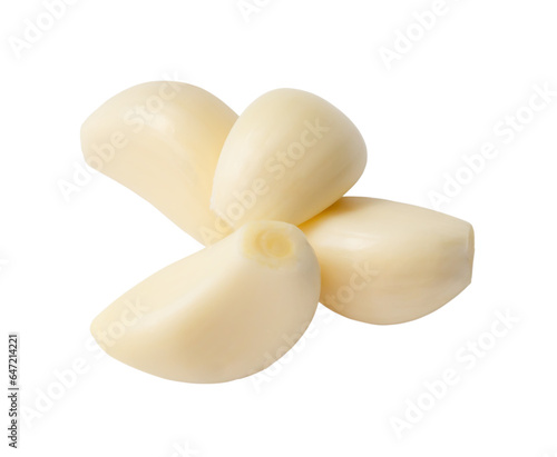 Top view peeled garlic cloves in stack isolated on white background with clipping path in png file format Close up photo