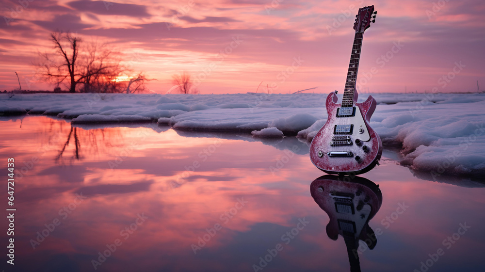 Guitar on a frozen lake. Visible reflection. Sunset. Winter - obrazy, fototapety, plakaty 