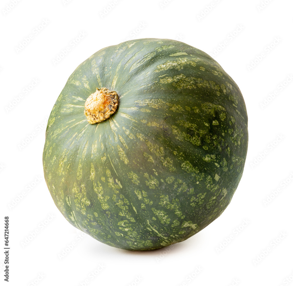 Single fresh kabocha or green Japanese pumpkin isolated on white background with clipping path Single fresh kabocha or green Japanese pumpkin isolated on white background with clipping path