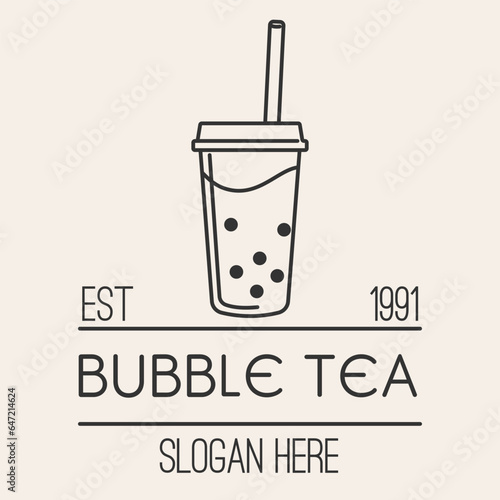 Vector illustration MILK TEA cup icon on beige background. BUBBLE TEA logo. Vector illustration