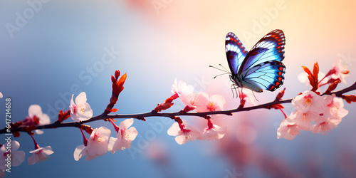 Blossoming Pink Cherry Branch Against Blue Sky Background Beautiful Magic Image Of Spring Nature