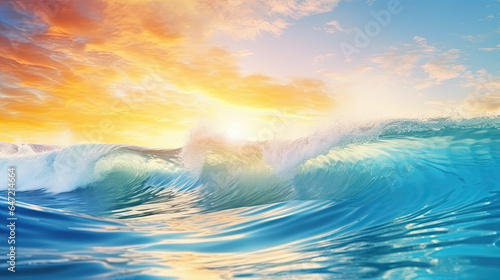 Ocean wave sun clouds happy splash, blue yellow abstract ocean wave. 