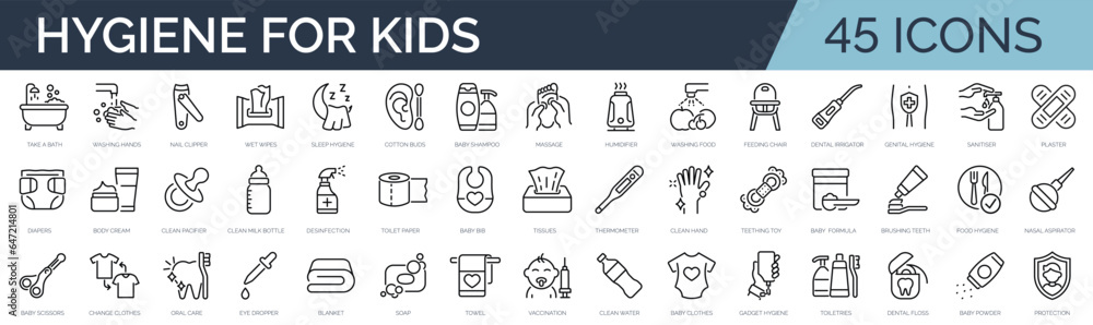 Set of 45 outline icons related to kid's hygiene, infant care. Linear icon collection. Editable stroke. Vector illustration Set of 45 outline icons related to kid's hygiene, infant care. Linear icon collection. Editable stroke. Vector illustration