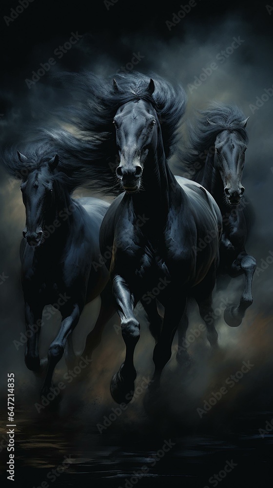 Black stallions run in winter snow. Close up. Front view Black stallions run in winter snow. Close up. Front view