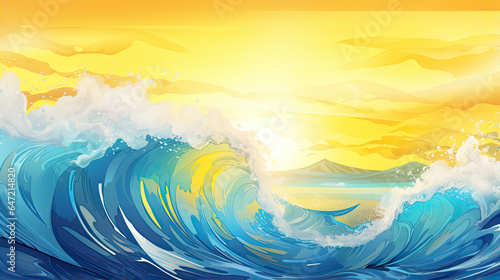 Ocean wave sun clouds happy splash, blue yellow abstract ocean wave. 