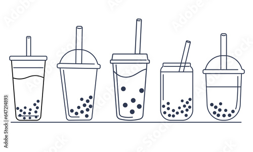 Vector illustration MILK TEA cup icons set on beige background. BUBBLE TEA logo set. Vector illustration