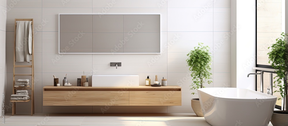 Fototapeta premium Contemporary bathroom mock up with white tiles and wooden details
