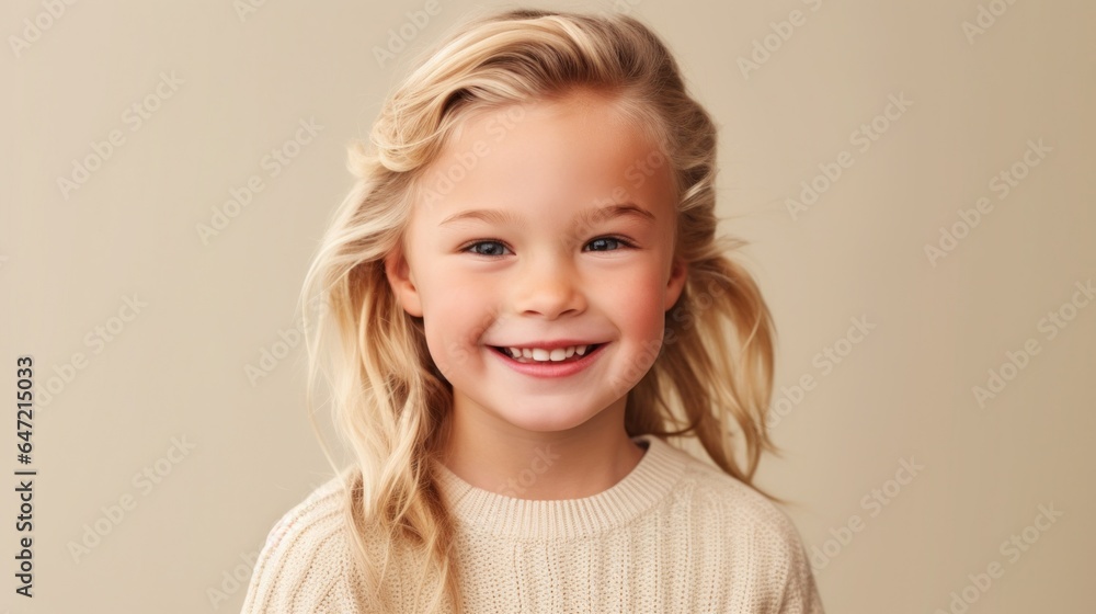 Joyful young girl with blonde hair in neutral clothes against a light beige studio background. Generative AI Joyful young girl with blonde hair in neutral clothes against a light beige studio background. Generative AI