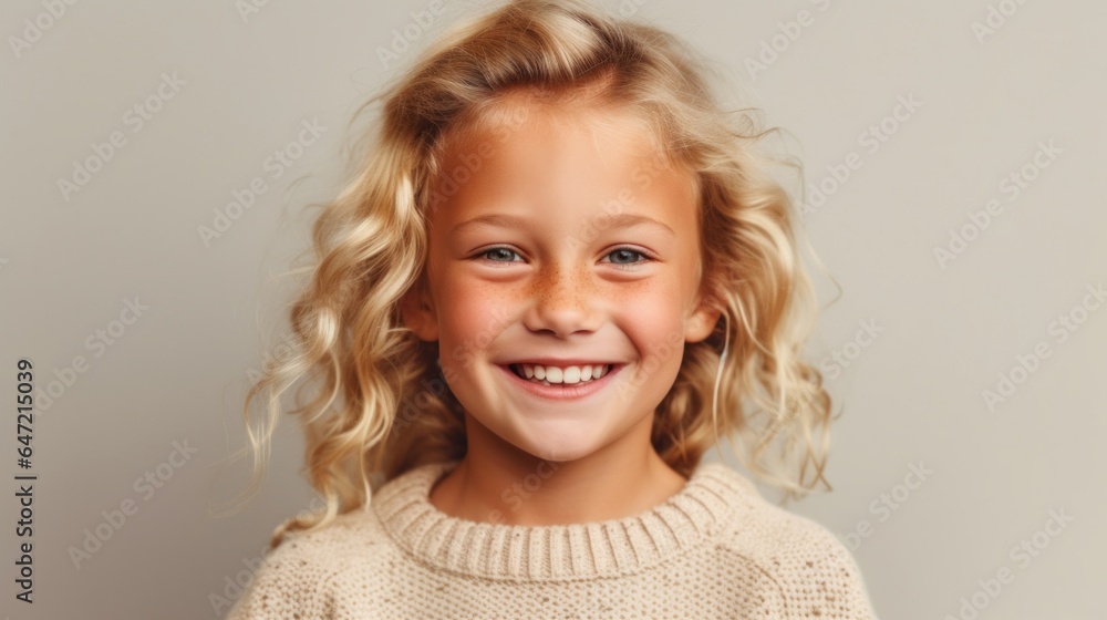 Studio portrait of a happy little girl wearing neutral attire, her blonde hair shining, on a light beige backdrop. Generative AI Studio portrait of a happy little girl wearing neutral attire, her blonde hair shining, on a light beige backdrop. Generative AI