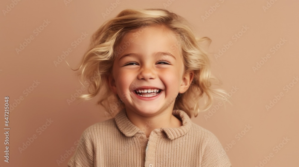 A happy young blonde girl in neutral attire, grinning against a beige studio backdrop. Generative AI A happy young blonde girl in neutral attire, grinning against a beige studio backdrop. Generative AI