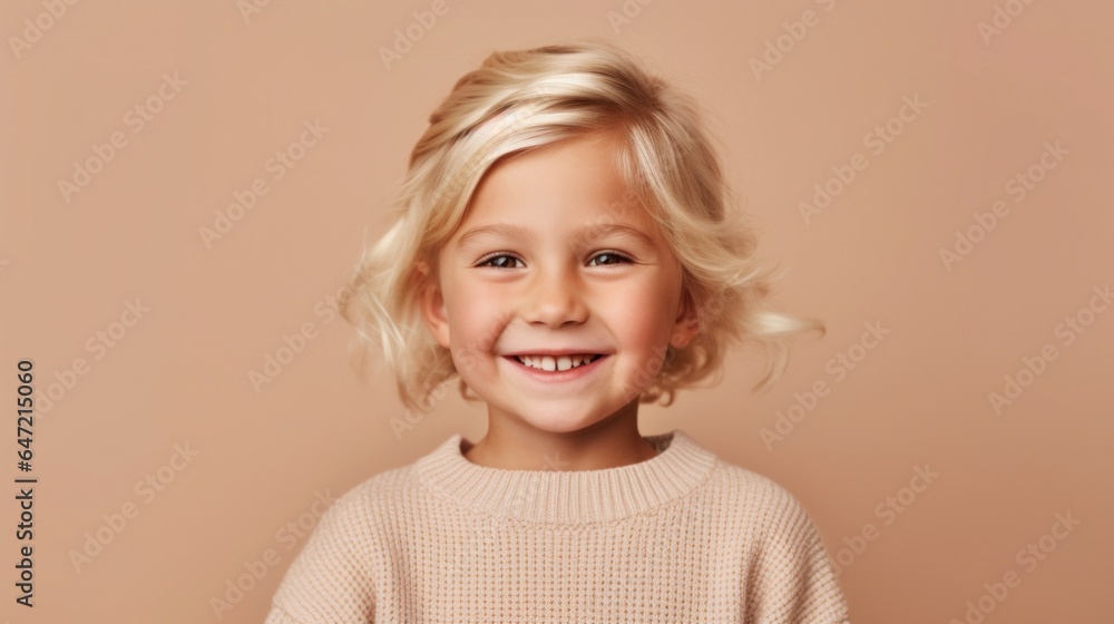 Portrait of a cheerful blonde child, a young girl, wearing neutral clothes, beaming happily against a studio light beige backdrop. Generative AI Portrait of a cheerful blonde child, a young girl, wearing neutral clothes, beaming happily against a studio light beige backdrop. Generative AI