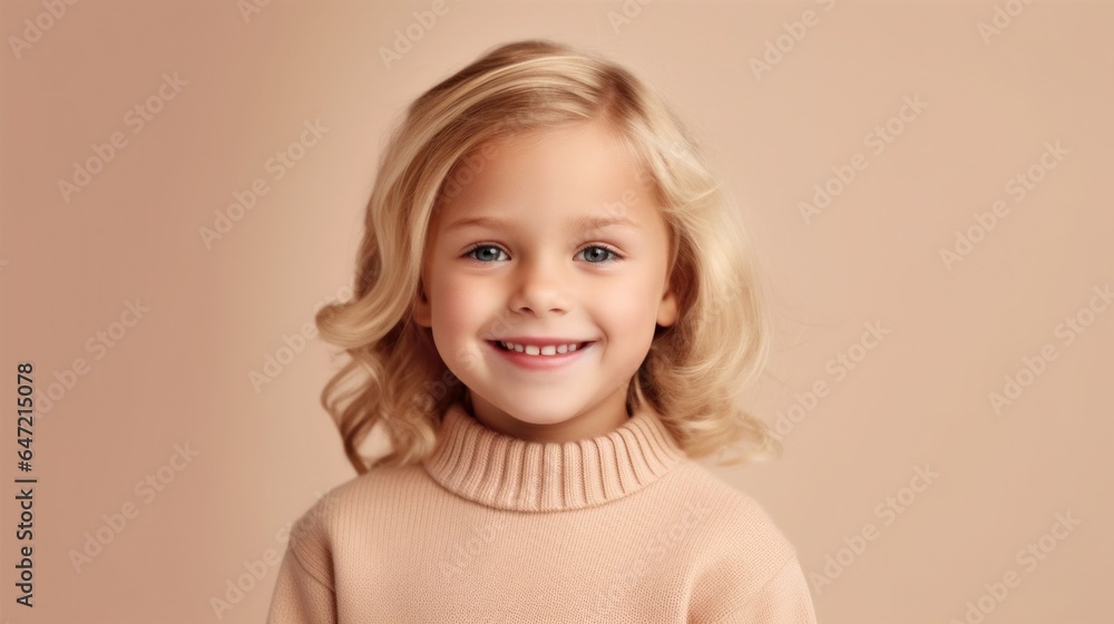 A content little girl with blonde hair, dressed in neutral attire, posing with a joyful smile against a studio's light beige background. Generative AI A content little girl with blonde hair, dressed in neutral attire, posing with a joyful smile against a studio's light beige background. Generative AI