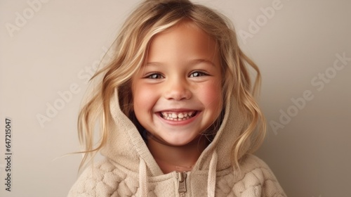 A cheerful blonde kid in neutral clothing smiles brightly against a studio light beige background. Generative AI