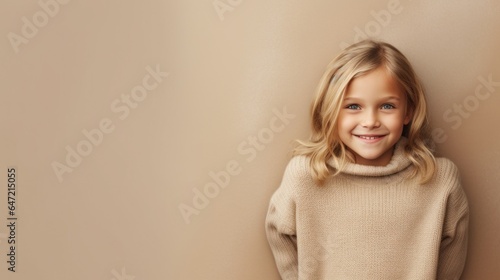 Smiling blonde child poses in neutral attire against a studio light beige backdrop. Generative AI