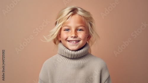 Portrait of a delighted little girl with blonde hair, dressed in neutral colors, smiling on a light beige studio background. Generative AI