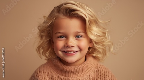 A happy young blonde girl in neutral attire, grinning against a beige studio backdrop. Generative AI
