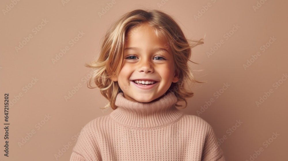 Happy blonde child in neutral attire, beaming on a light beige studio backdrop. Generative AI Happy blonde child in neutral attire, beaming on a light beige studio backdrop. Generative AI