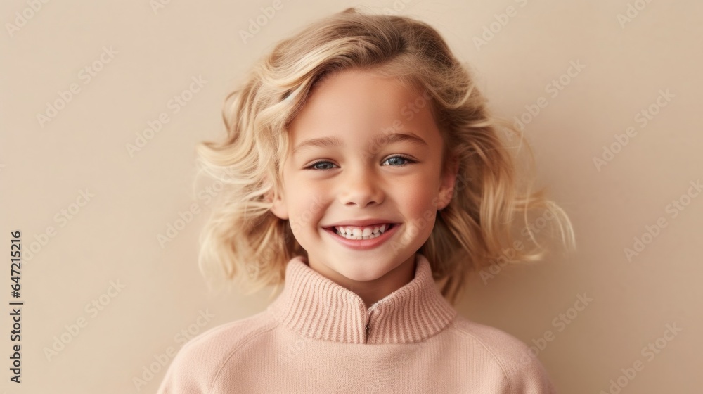 A happy blonde child in neutral clothing, smiling against a soft beige studio backdrop. Generative AI A happy blonde child in neutral clothing, smiling against a soft beige studio backdrop. Generative AI