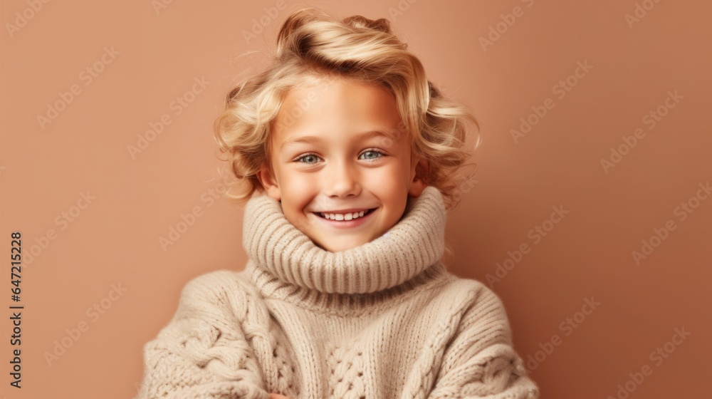 A delighted little girl with blonde hair, wearing neutral clothes, flashing a smile against a soft beige studio backdrop. Generative A A delighted little girl with blonde hair, wearing neutral clothes, flashing a smile against a soft beige studio backdrop. Generative A