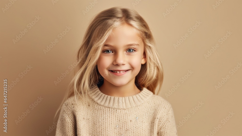 A delighted little girl with blonde hair, wearing neutral clothes, flashing a smile against a soft beige studio backdrop. Generative A A delighted little girl with blonde hair, wearing neutral clothes, flashing a smile against a soft beige studio backdrop. Generative A