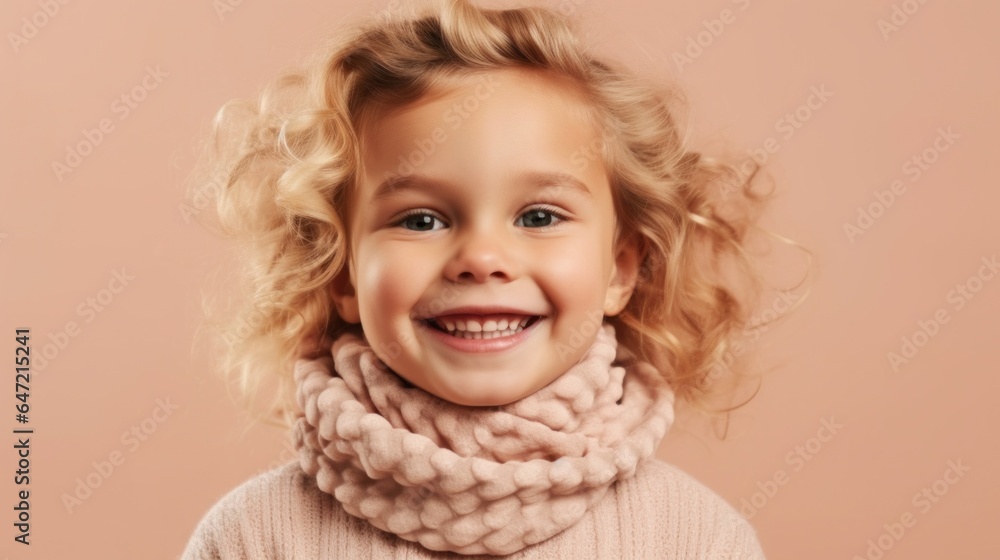 Portrait of a happy blonde kid, donning neutral clothes, and smiling against a soft beige studio backdrop. Generative AI