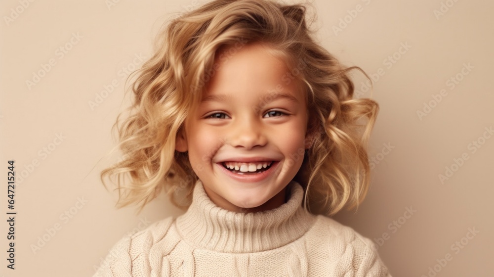 A little girl with a beaming smile, blonde hair, and dressed in neutral colors, posing against a studio's light beige background. Generative AI A little girl with a beaming smile, blonde hair, and dressed in neutral colors, posing against a studio's light beige background. Generative AI