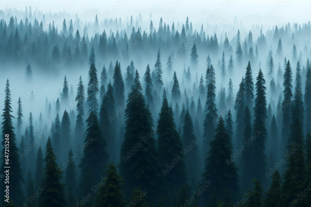Misty landscape with fir forest, AI Generative illustratiob