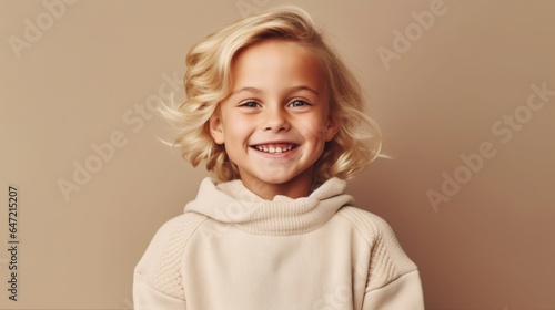 A smiling blonde kid, clad in neutral clothing, against a beige studio backdrop. Generative AI