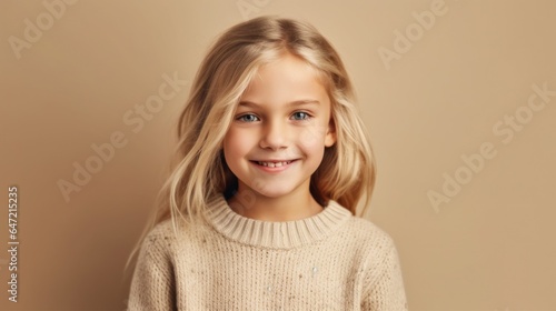 A delighted little girl with blonde hair, wearing neutral clothes, flashing a smile against a soft beige studio backdrop. Generative A