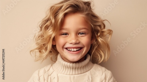 A little girl with a beaming smile, blonde hair, and dressed in neutral colors, posing against a studio's light beige background. Generative AI