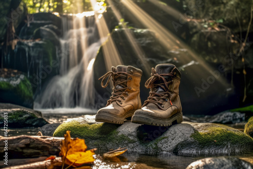 Close-up of boots which are necessary for refreshing your mountain climbing and hiking. Background of natural waterfall and beautiful beam of light. Hobbies and sports lifestyle concept. © cwa
