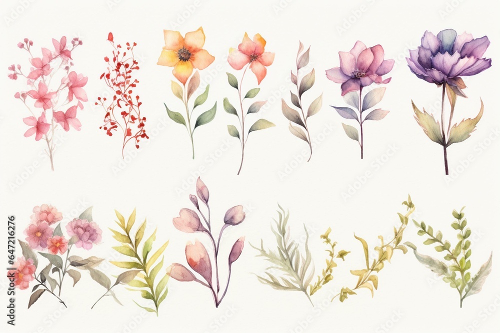 Watercolor flower bouquets and frames of various wildflowers on a rustic background. Generative AI