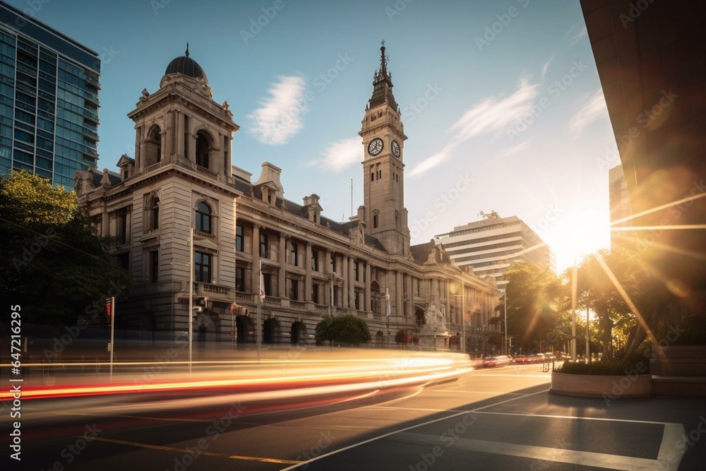 Long-exposure sunlit scenery featuring iconic clock tower and government buildings. Generative AI