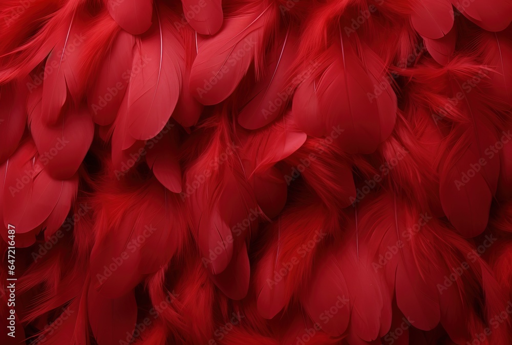 Bright red feather. Abstract textured background from bird plumage. Cabaret, holiday. Banner. Close-up - obrazy, fototapety, plakaty 